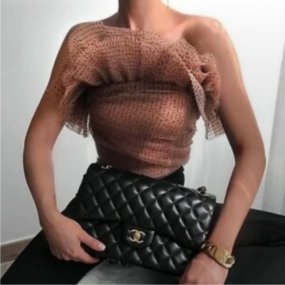 Zara Tan Ruffled Off-Shoulder Blouse - Picture 4 of 14